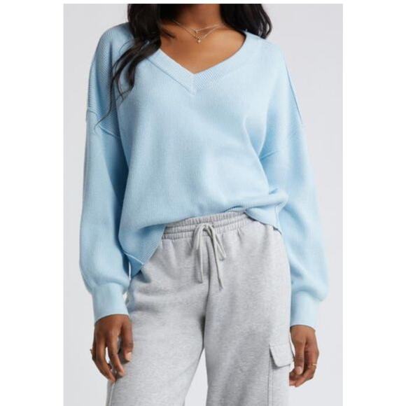 BP Womens Seamed Oversized V-Neck Rib Sweater from Nordstrom Blue Falls Size M - Picture 1 of 11